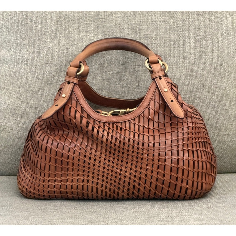 Cole Haan Woven Leather Hobo Bag Cognac Brown Satchel Gold Hardware - Picture 2 of 11